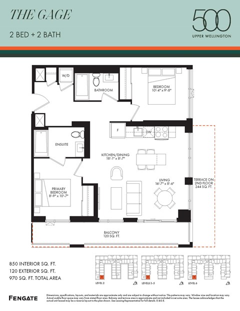 Floor plan for 2 beds, 2 baths, 850 sqft